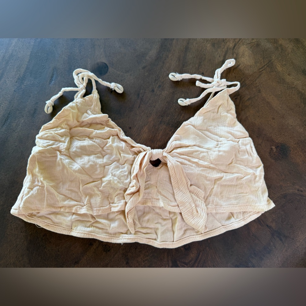 Stillwater the Brand Crop Cream Crinkle top with cowry shell tie straps